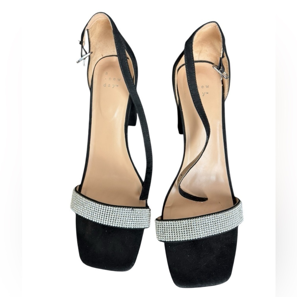 A New Day Black Block Heel Sandals | Rhinestone Strap | Size 11